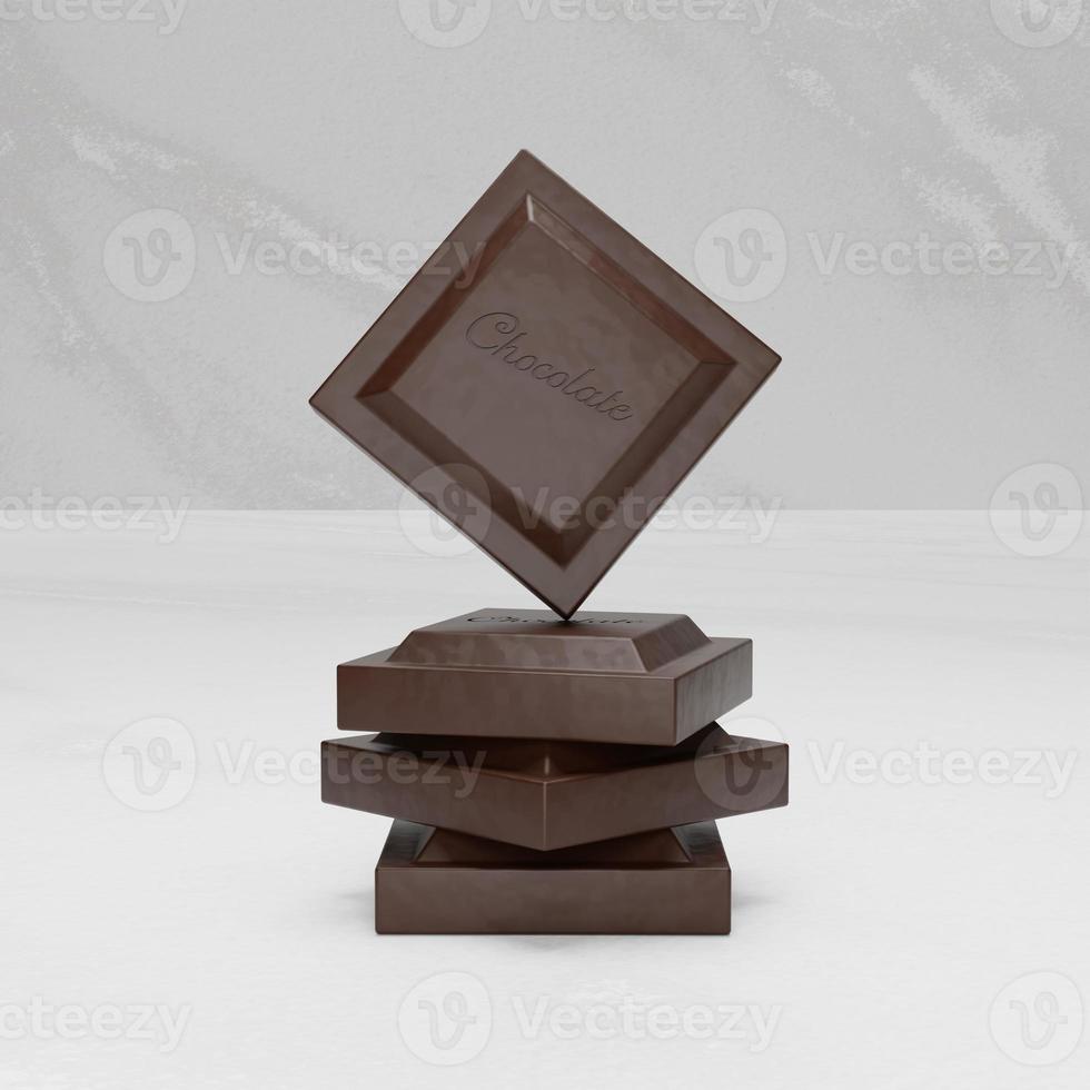 Primer plano de chocolate negro de representación 3d sobre fondo de mármol blanco foto