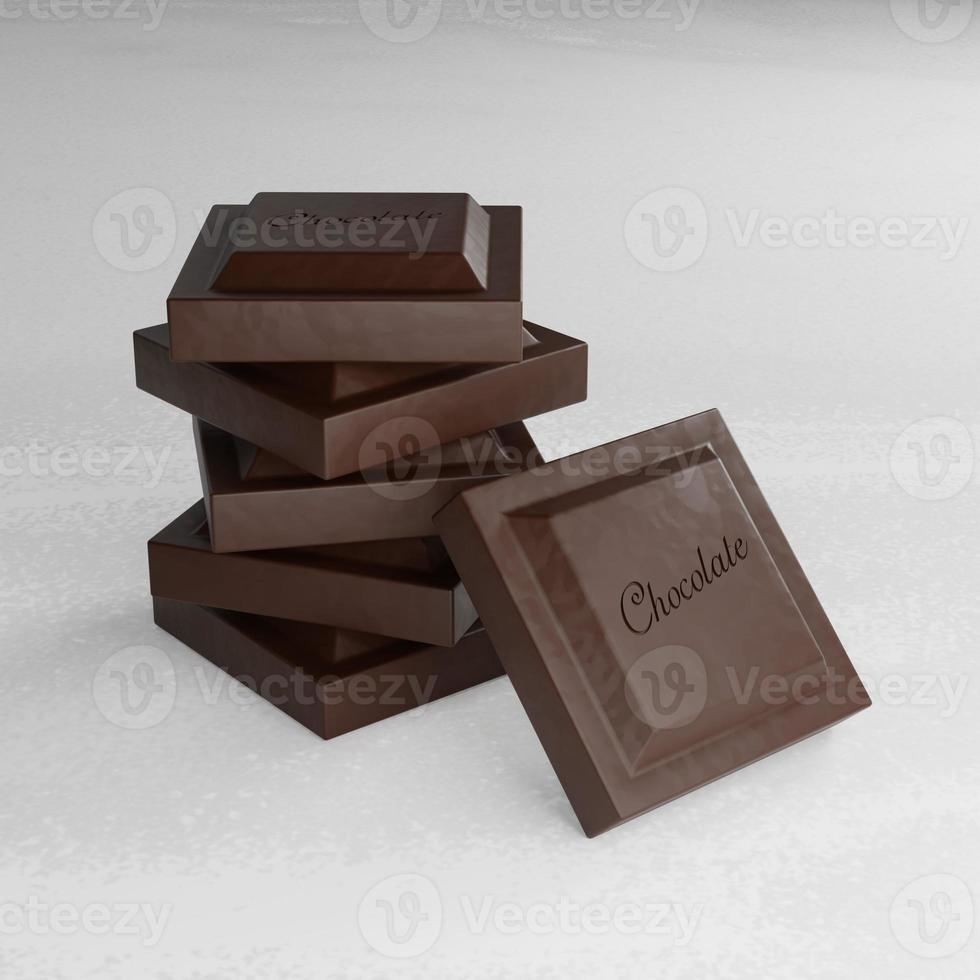 Primer plano de chocolate negro de representación 3d sobre fondo de mármol blanco foto