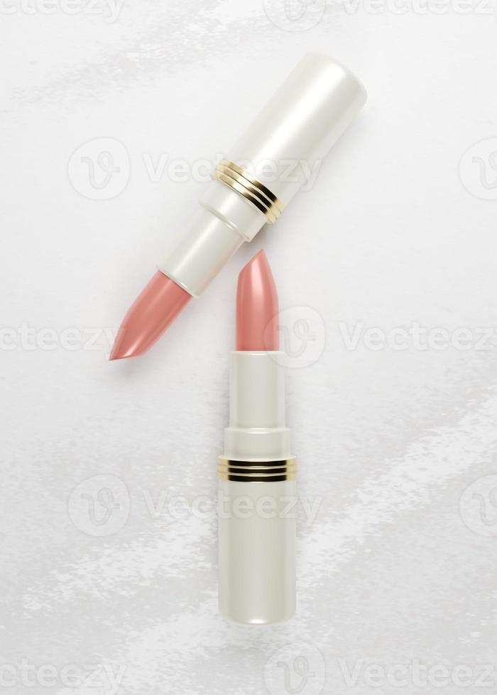 3D rendering closeup lipstick on white marble background photo