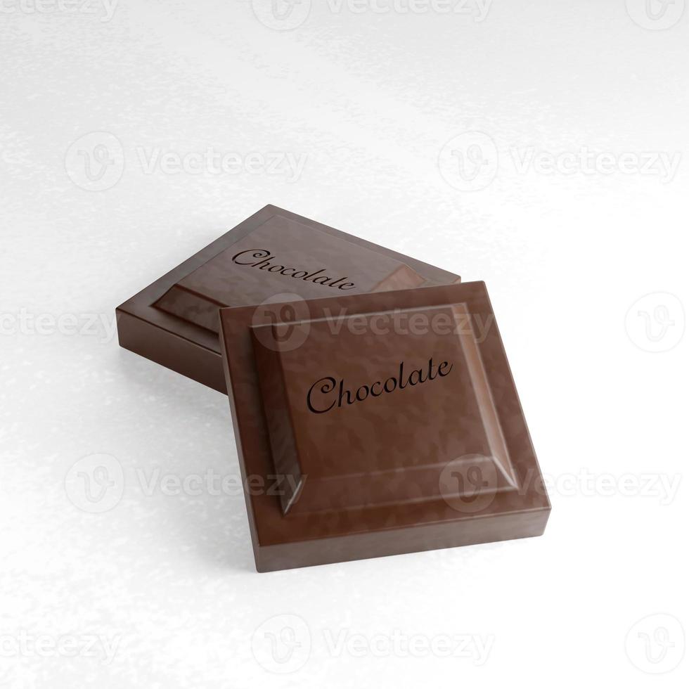 3D rendering dark chocolate bar closeup on white marble background photo