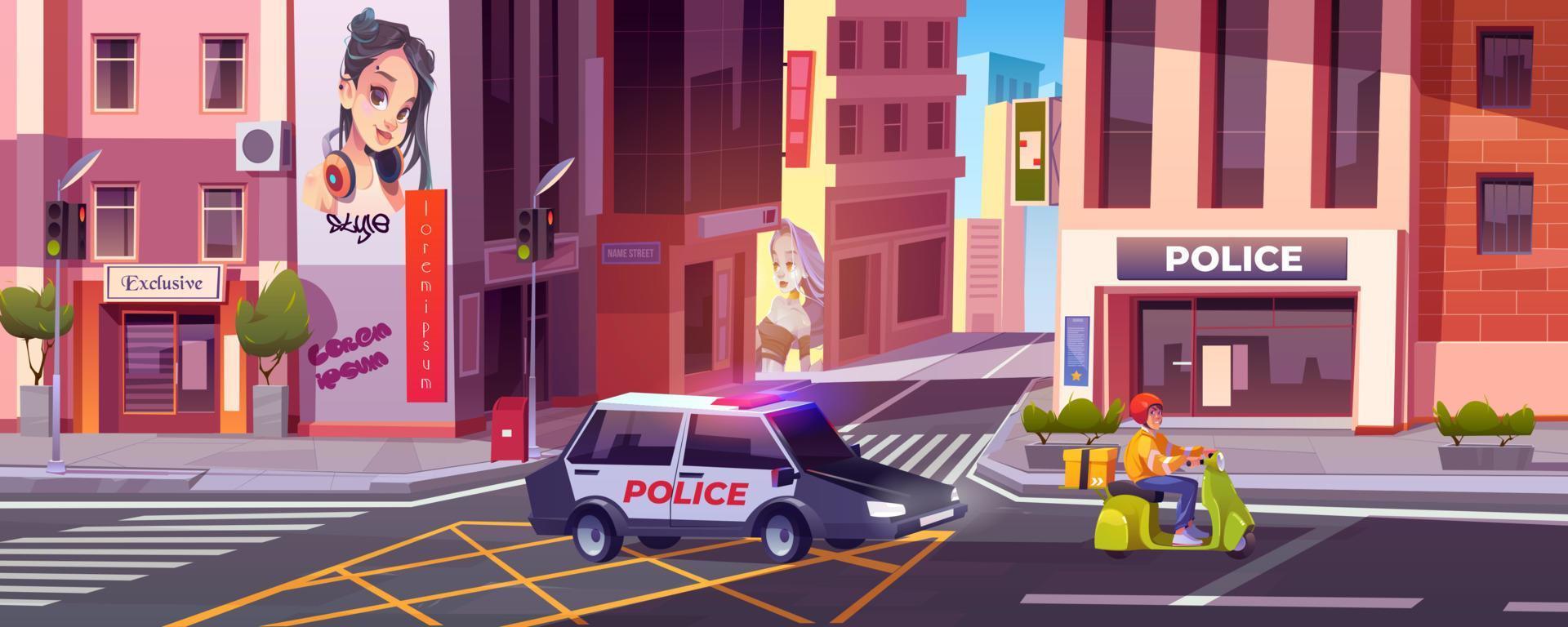 patrulla policial chase courier ride scooter en la calle vector
