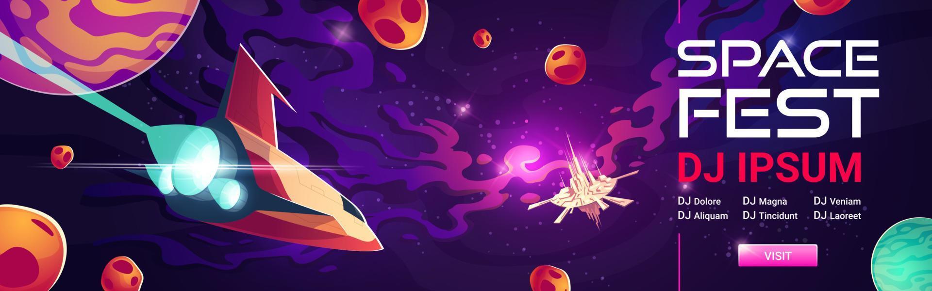 banner de dibujos animados del festival espacial, espectáculo de música o concierto vector