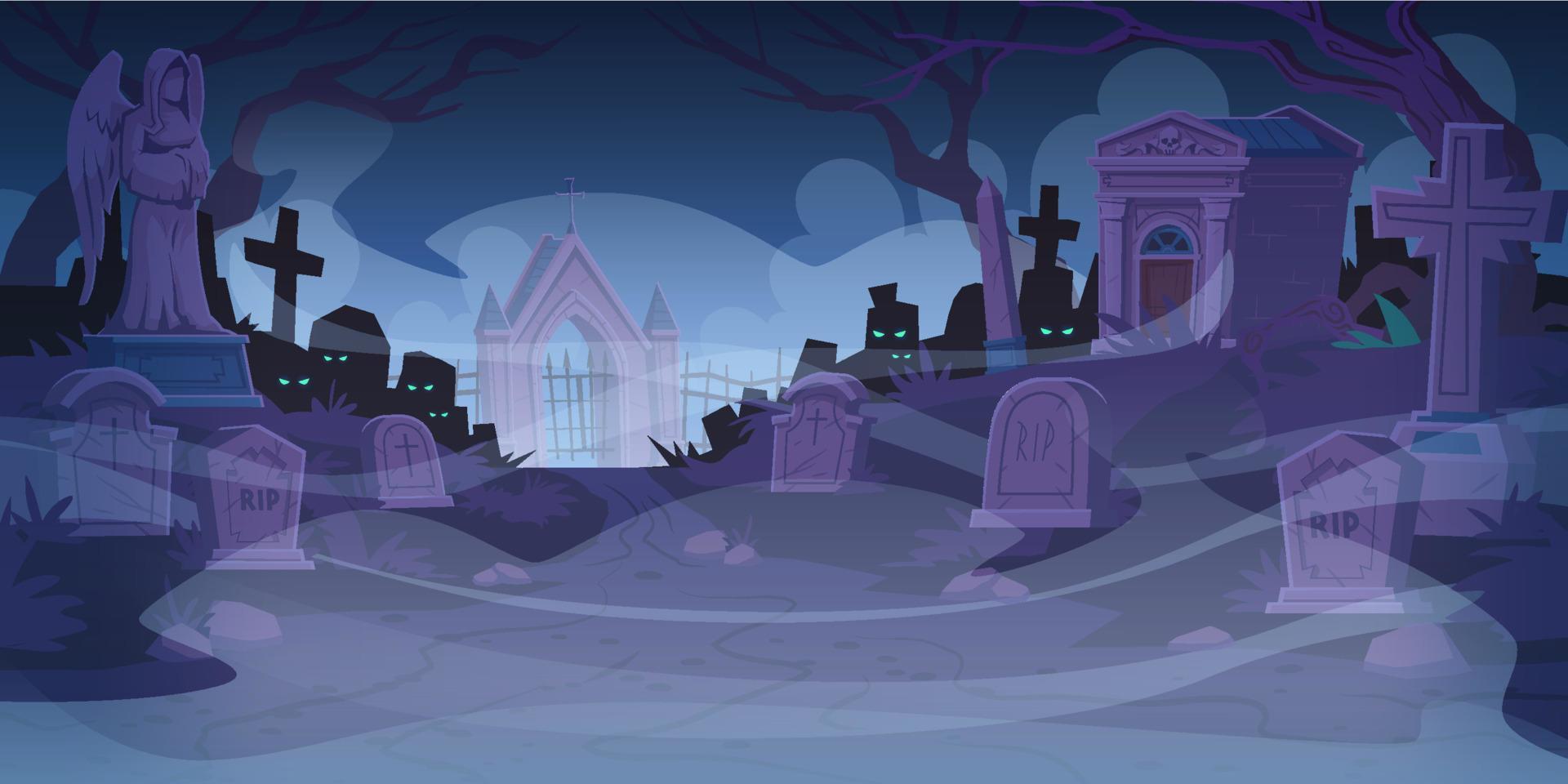 Night cemetery, graveyard with tombstones in fog vector