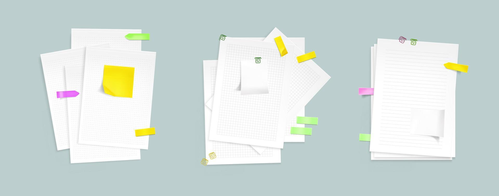 Paper sheet stacks with sticky notes and clips vector