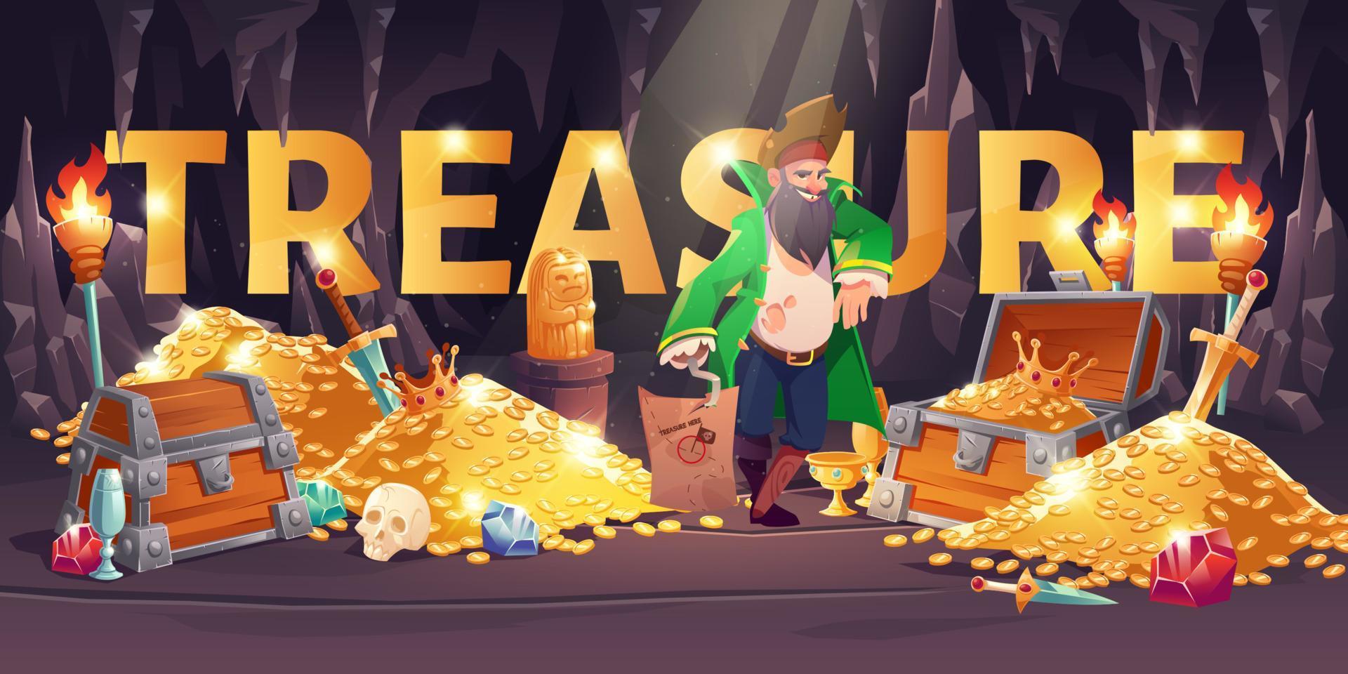 banner de dibujos animados del tesoro con pirata en oro de la cueva vector