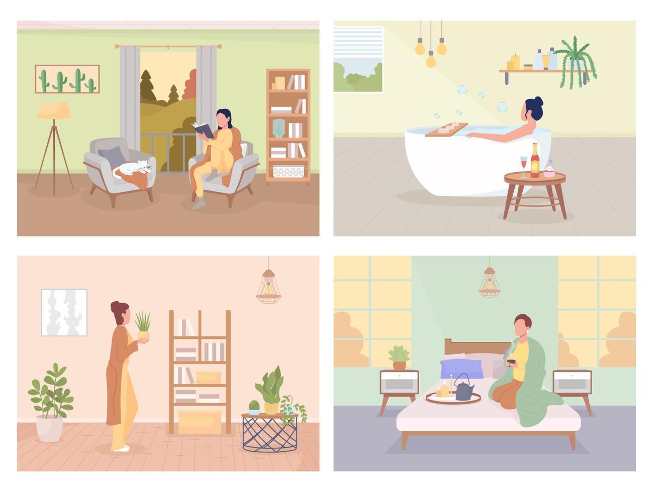 Hygge lifestyle flat color vector illustrations set. Recreation and relax at home. Cozy domestic atmosphere. Fully editable 2D simple cartoon characters collection with home interior on background