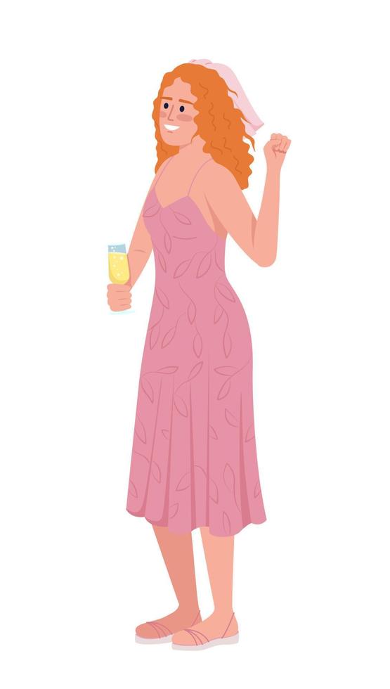 mujer sonriente de pelo jengibre con carácter vectorial de color semiplano de copa de vino. figura editable. persona de cuerpo completo en blanco. ilustración de estilo de dibujos animados simple para diseño gráfico web y animación vector