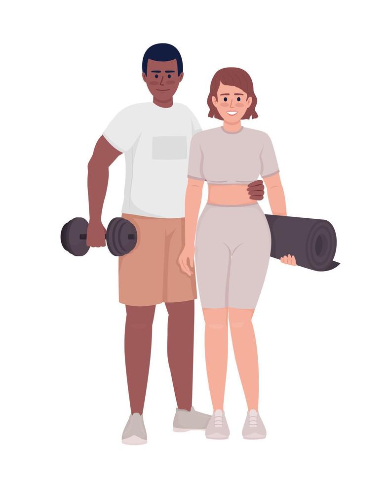 pareja feliz lista para entrenar personajes vectoriales de color semiplano. figuras editables. personas de cuerpo completo en blanco. ilustración de estilo de dibujos animados simple de entrenamiento para diseño gráfico web y animación vector