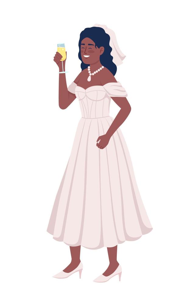 hermosa novia con copa de vino espumoso carácter vectorial de color semiplano. figura editable. persona de cuerpo completo en blanco. ilustración de estilo de dibujos animados simple para diseño gráfico web y animación vector