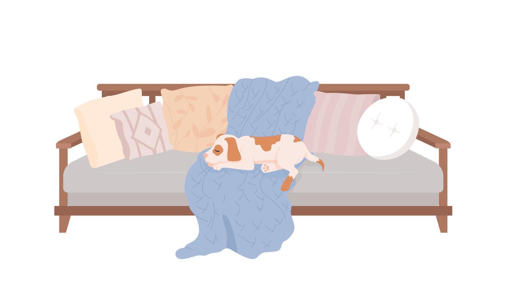 perro durmiendo en el sofá carácter vectorial de color semiplano. muebles domésticos. mascota de tamaño completo editable en blanco. ilustración de estilo de dibujos animados simple animal de compañía para diseño gráfico web y animación vector