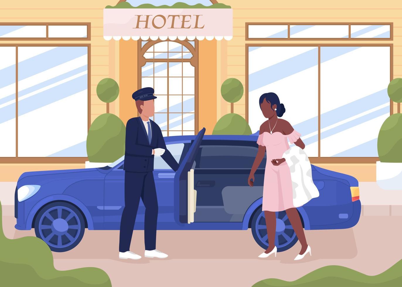 Ilustración de vector de color plano de servicio de contratación de conductor personal. dama elegante en vestido de lujo sentado en el coche. personajes de dibujos animados simples en 2d completamente editables con diseño exterior de hotel en el fondo