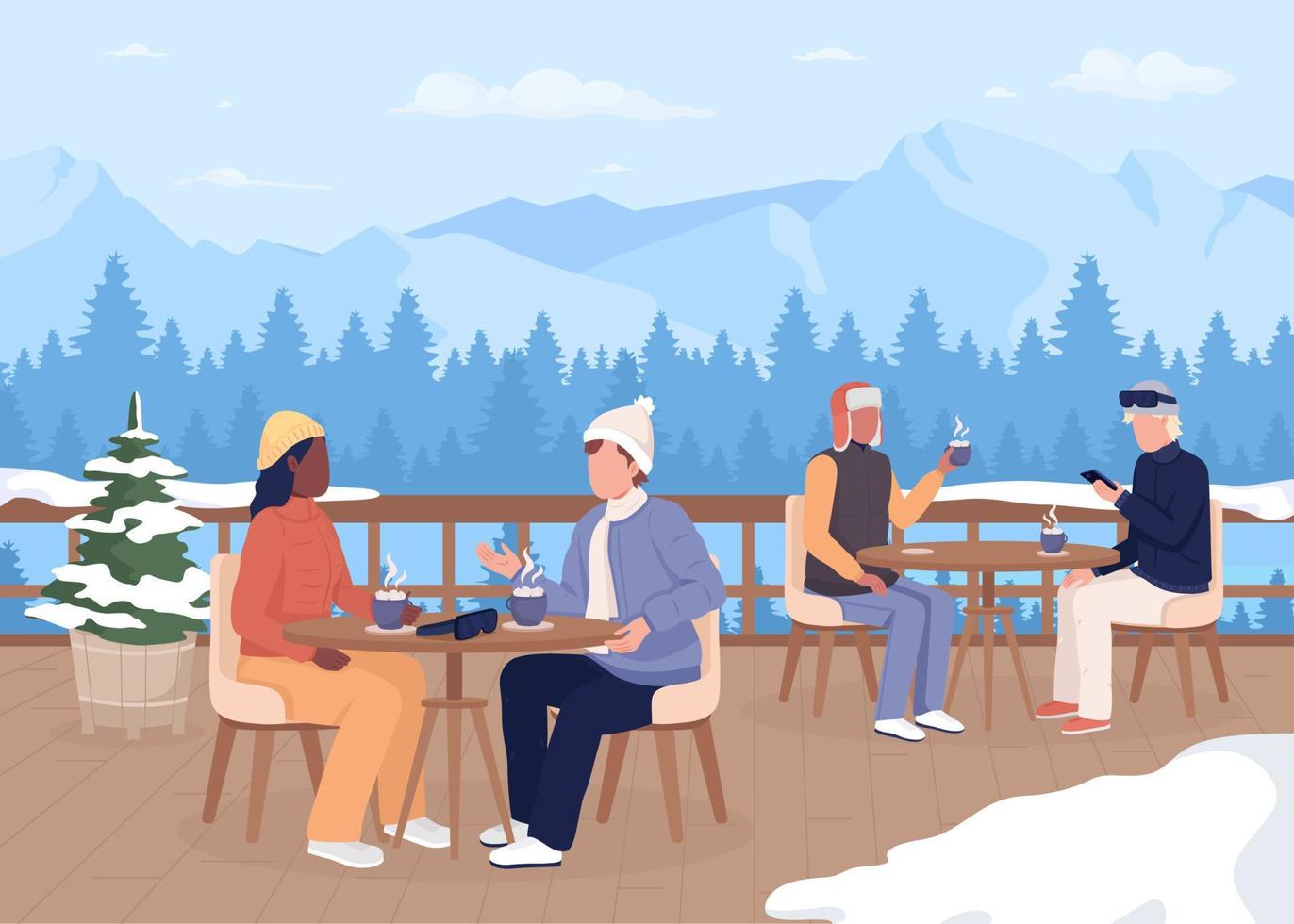 cena en la estación de esquí ilustración vectorial de color plano. bebiendo chocolate caliente con malvaviscos en la veranda. disfrutando del invierno. personajes de dibujos animados simples 2d totalmente editables con paisaje de montaña en el fondo vector