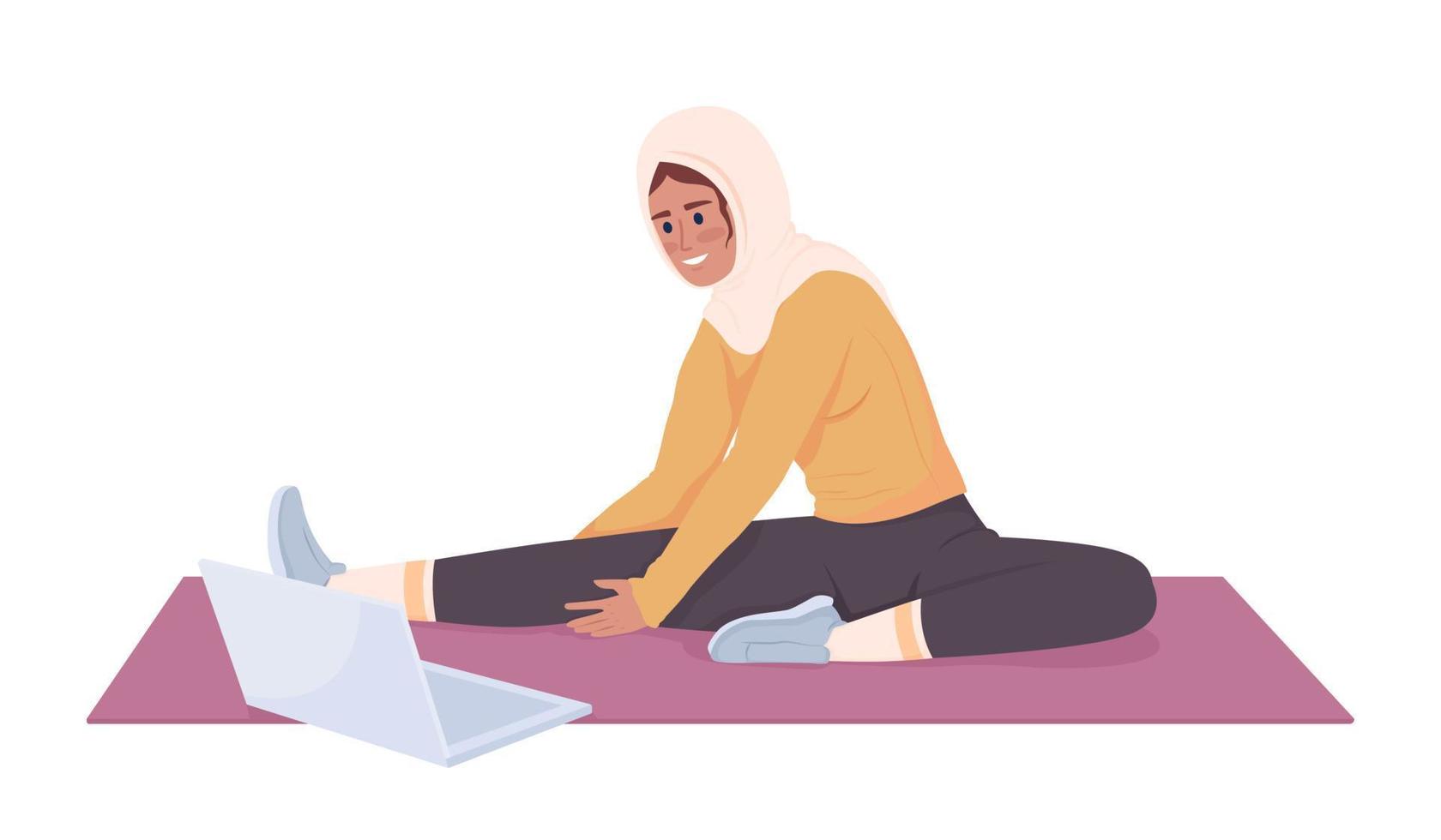 Woman streaming stretching exercises semi flat color vector character. Editable figure. Full body person on white. Training simple cartoon style illustration for web graphic design and animation