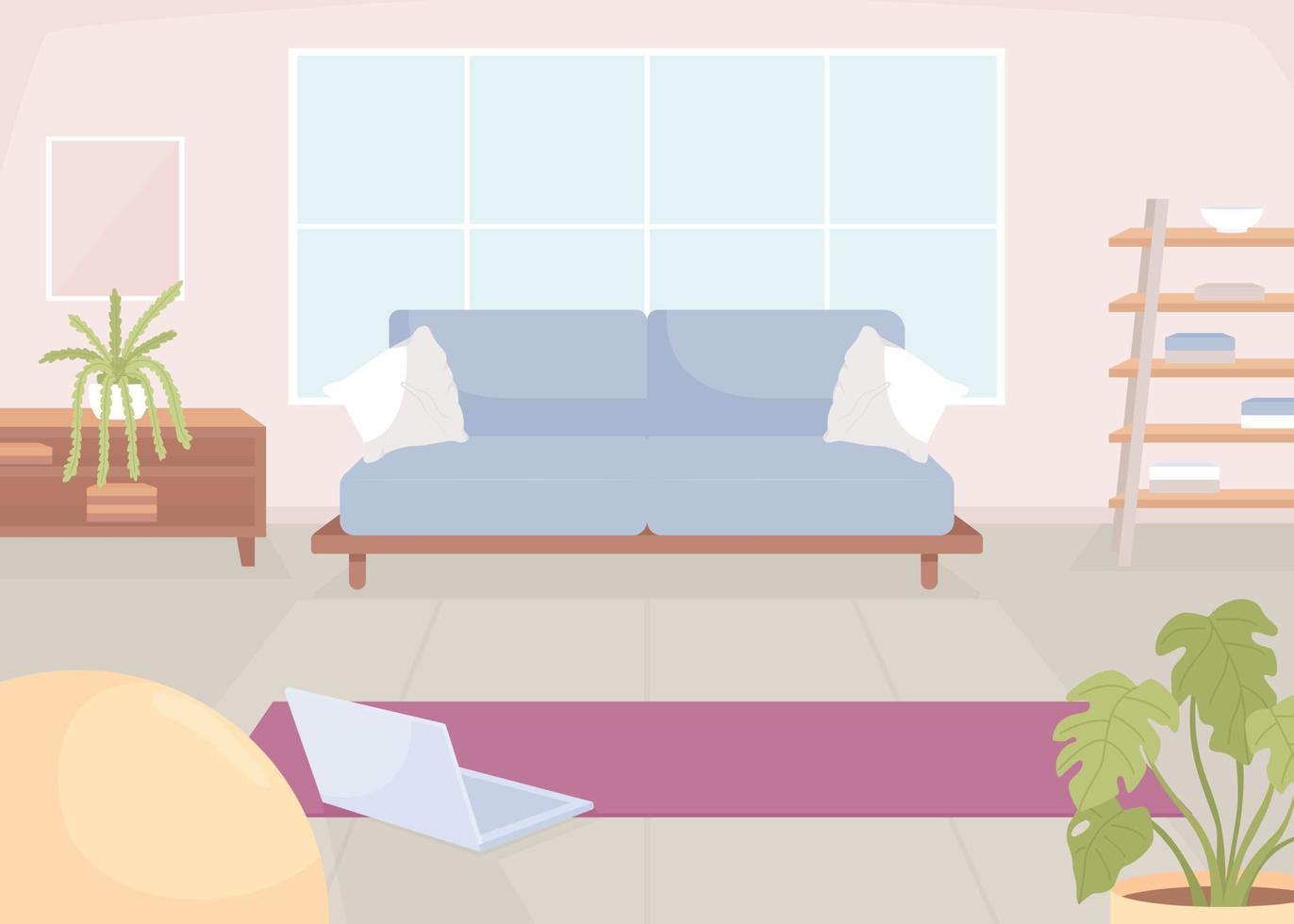 Laptop and yoga mat on floor flat color vector illustration. Preparation for online training at home. Sports exercises. Fully editable 2D simple cartoon interior with living room on background