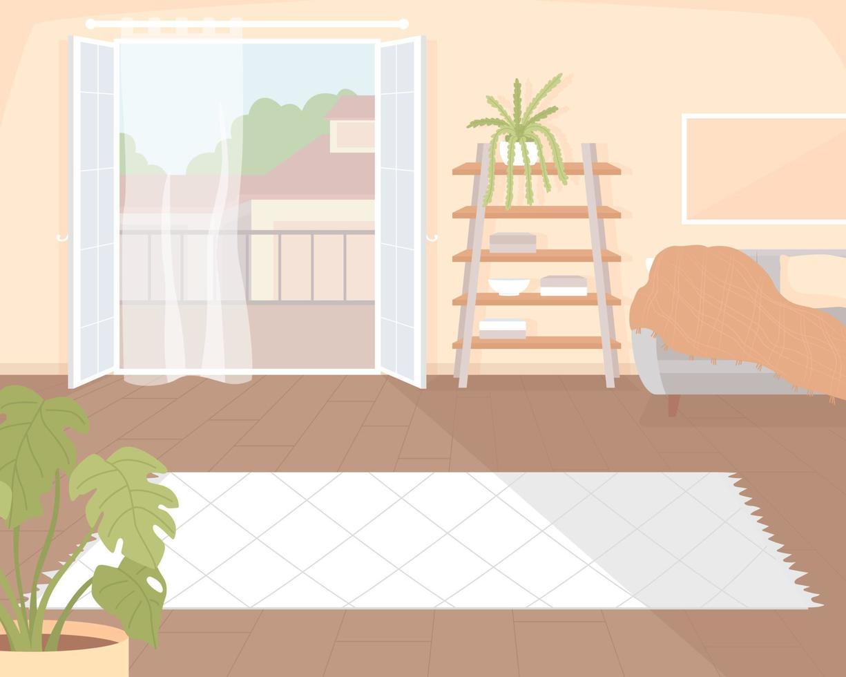 Living room with balcony flat color vector illustration. Comfortably furnished residence. Open terrace with curtain. Fully editable 2D simple cartoon interior with cityscape on background