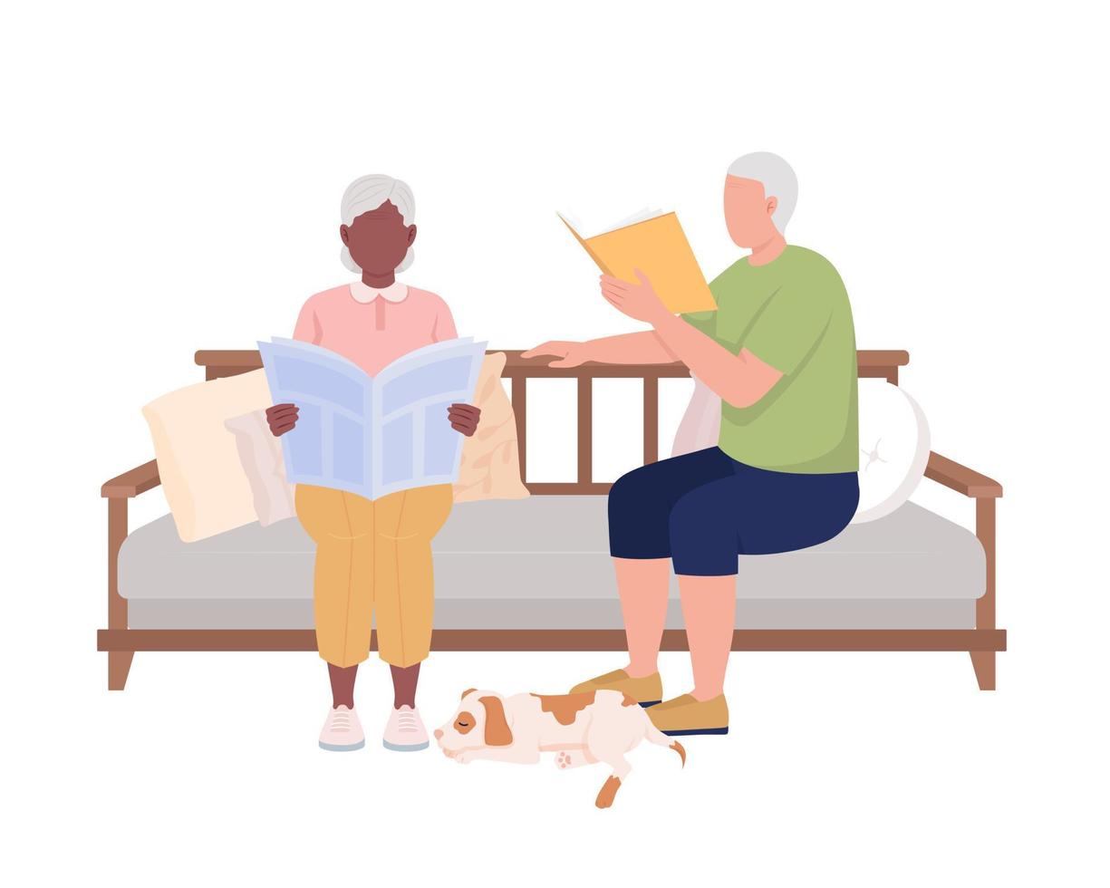 pareja madura leyendo en el sofá caracteres vectoriales de color semiplano. figuras editables. personas de cuerpo completo en blanco. ilustración de estilo de dibujos animados simple de ocio para diseño gráfico web y animación vector