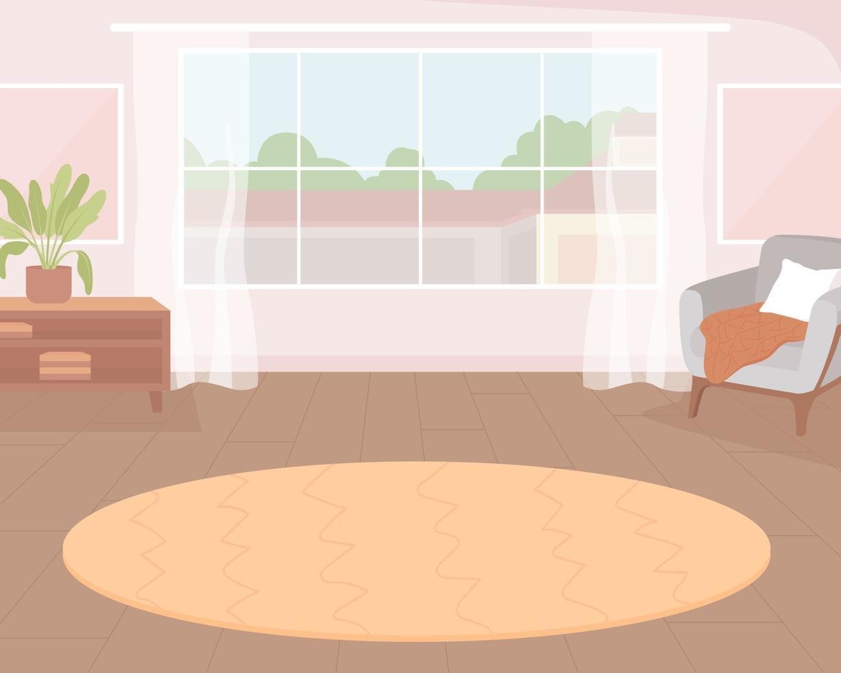 Patterned carpet near large window flat color vector illustration. Idea of home design. Comfortable hotel room. Fully editable 2D simple cartoon interior with city street on background