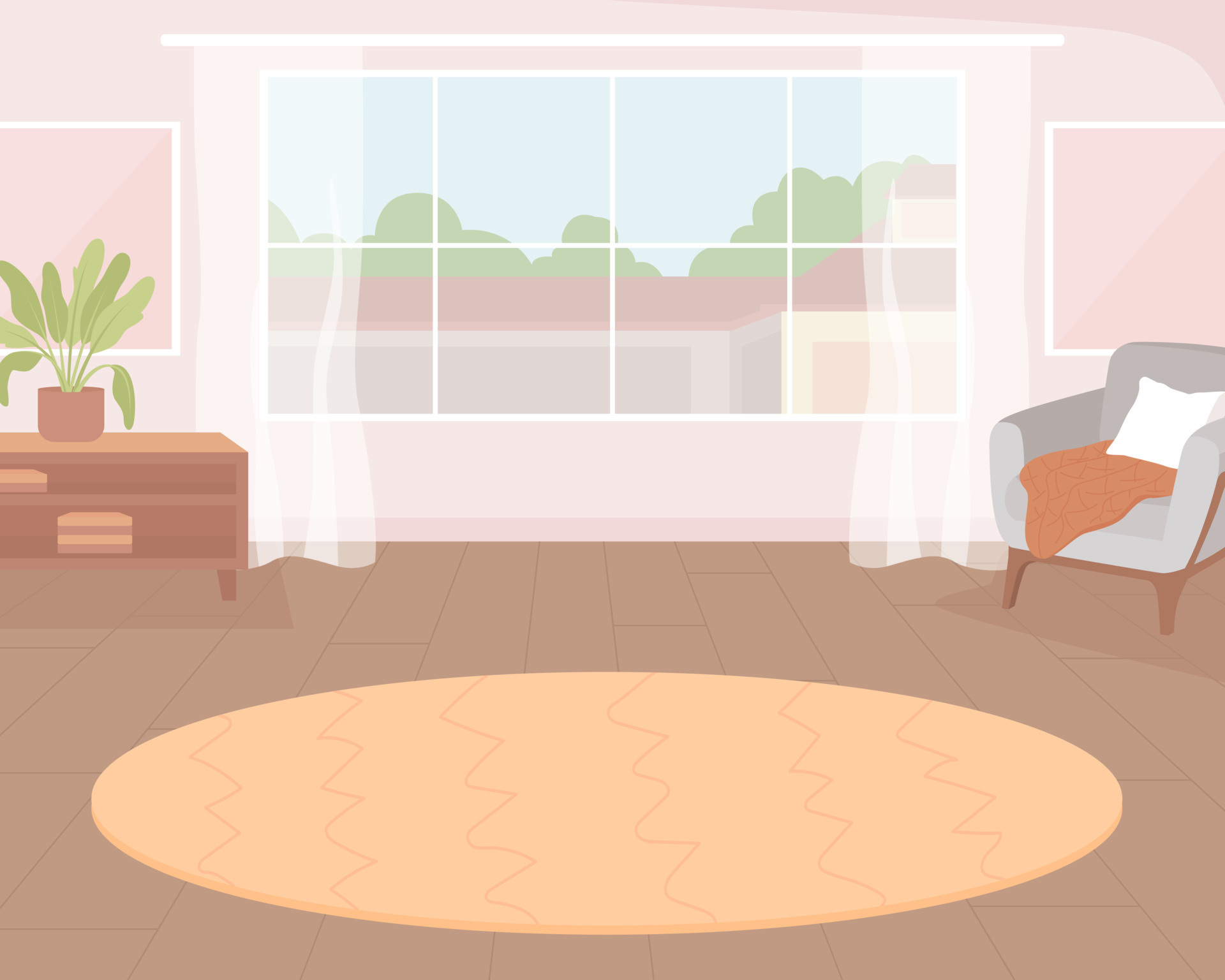 Patterned carpet near large window flat color vector illustration. Idea of  home design. Comfortable hotel room. Fully editable 2D simple cartoon  interior with city street on background 14947501 Vector Art at Vecteezy