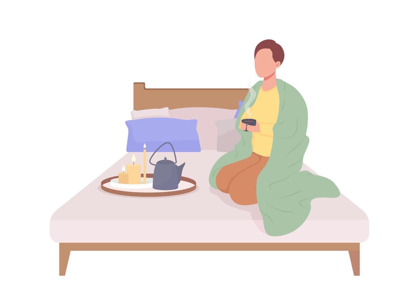 Man drinking tea on bed semi flat color vector character. Editable figure. Full body person on white. Relax at home simple cartoon style illustration for web graphic design and animation