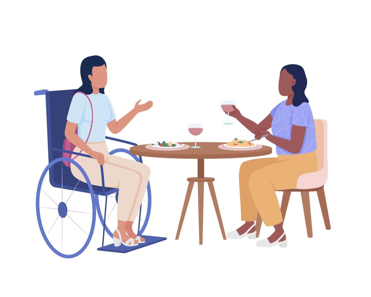 Disabled lady with friend in cafe semi flat color vector characters. Editable figures. Full body people on white. Inclusion simple cartoon style illustration for web graphic design and animation