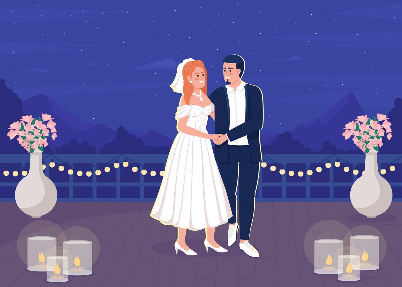 atmósfera íntima romántica en la azotea para la ilustración de vector de color plano de recién casados. encantadora pareja sonriente. personajes de dibujos animados simples 2d totalmente editables con hermoso cielo y estrellas en el fondo