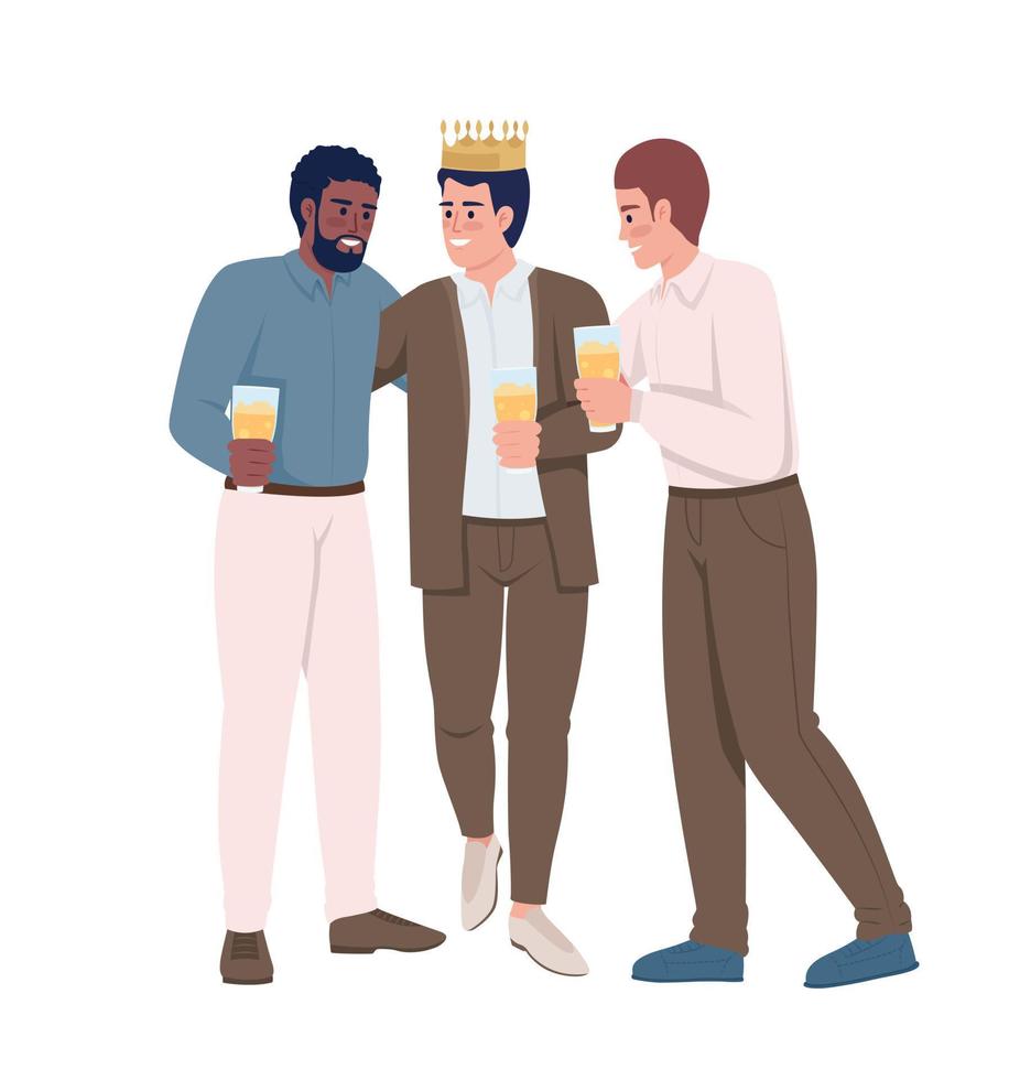 Soon-to-be groom with friends semi flat color vector characters. Editable full body people on white. Bachelor party. Pre-wedding simple cartoon style illustration for web graphic design and animation