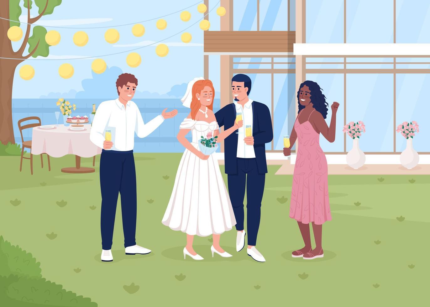 Celebrating wedding event in backyard flat color vector illustration. Happy newlyweds with friends. Fully editable 2D simple cartoon characters with building and garden on background