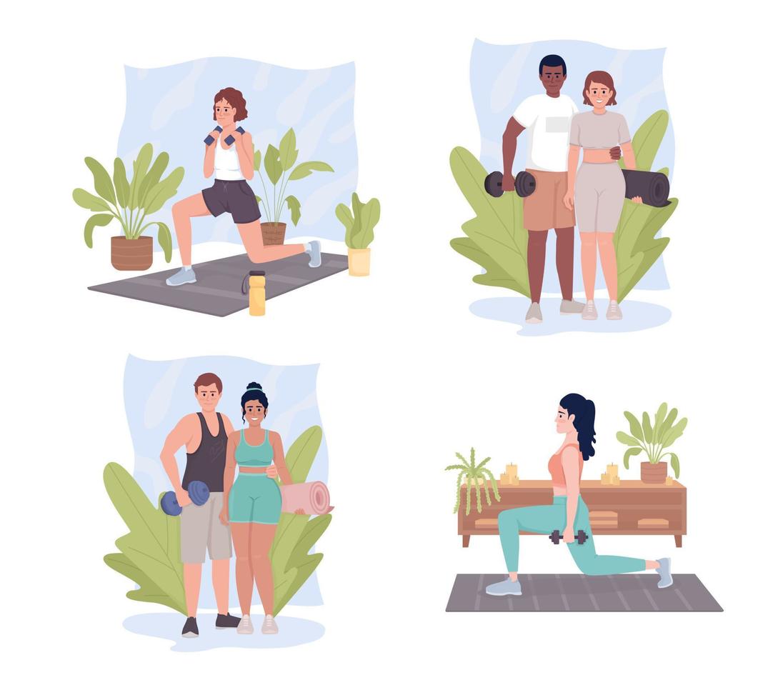 Healthy active lifestyle 2D vector isolated illustrations set. Sports training flat characters on cartoon background. Workout colourful editable scenes collection for mobile, website, presentation