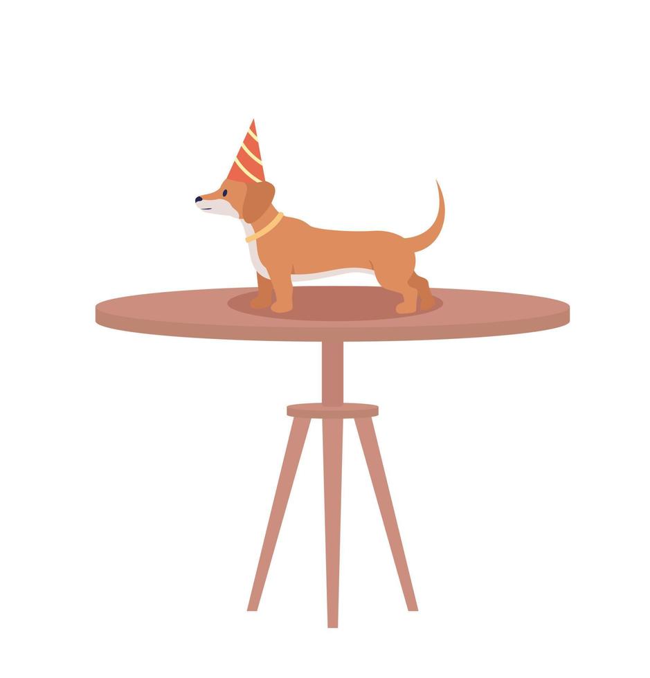 Dog with party cone on table semi flat color vector character. Birthday celebration. Editable full body animal on white. Holiday simple cartoon style illustration for web graphic design and animation