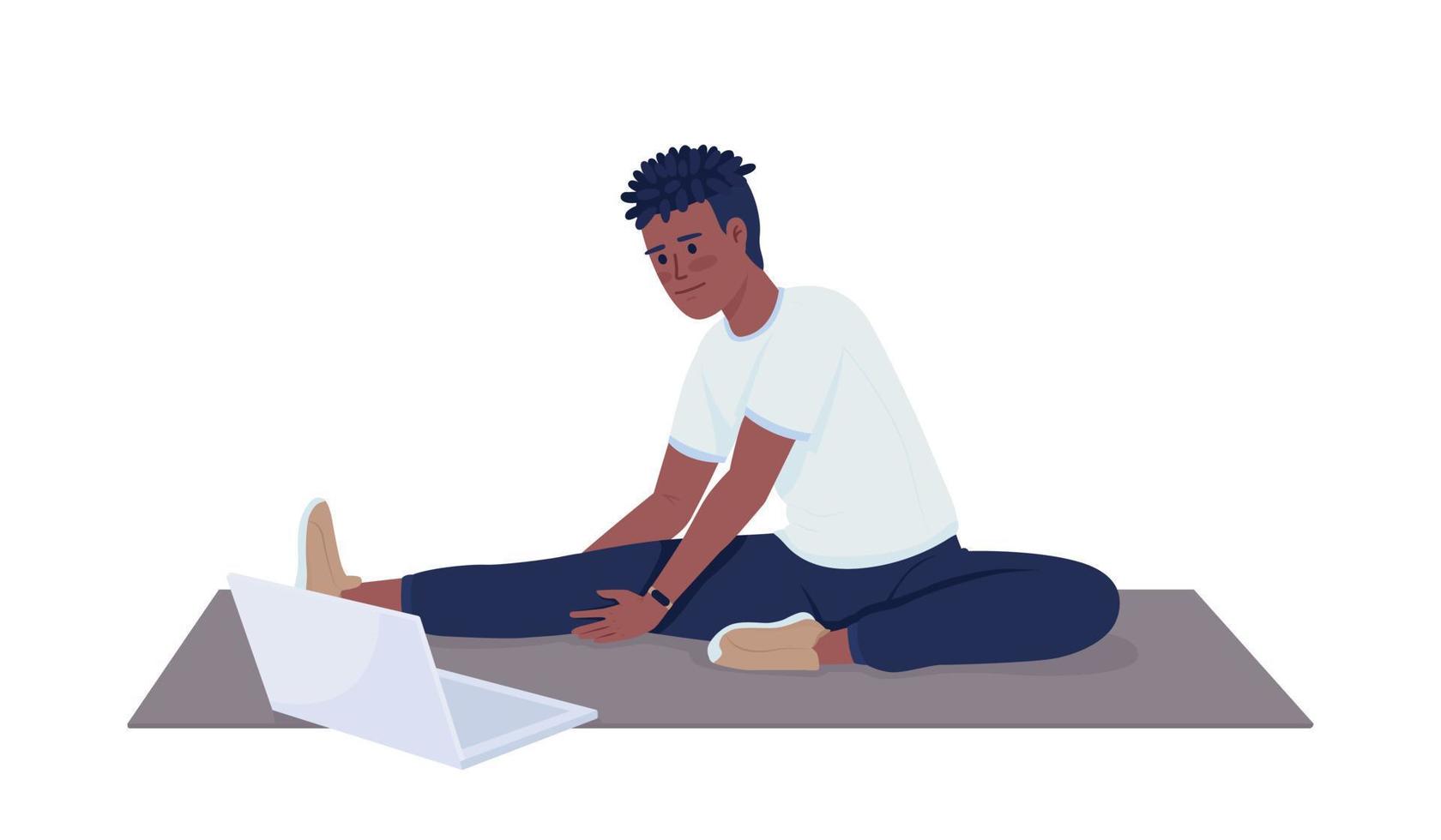 Man doing stretching exercises near laptop semi flat color vector character. Editable figure. Full body person on white. Workout simple cartoon style illustration for web graphic design and animation