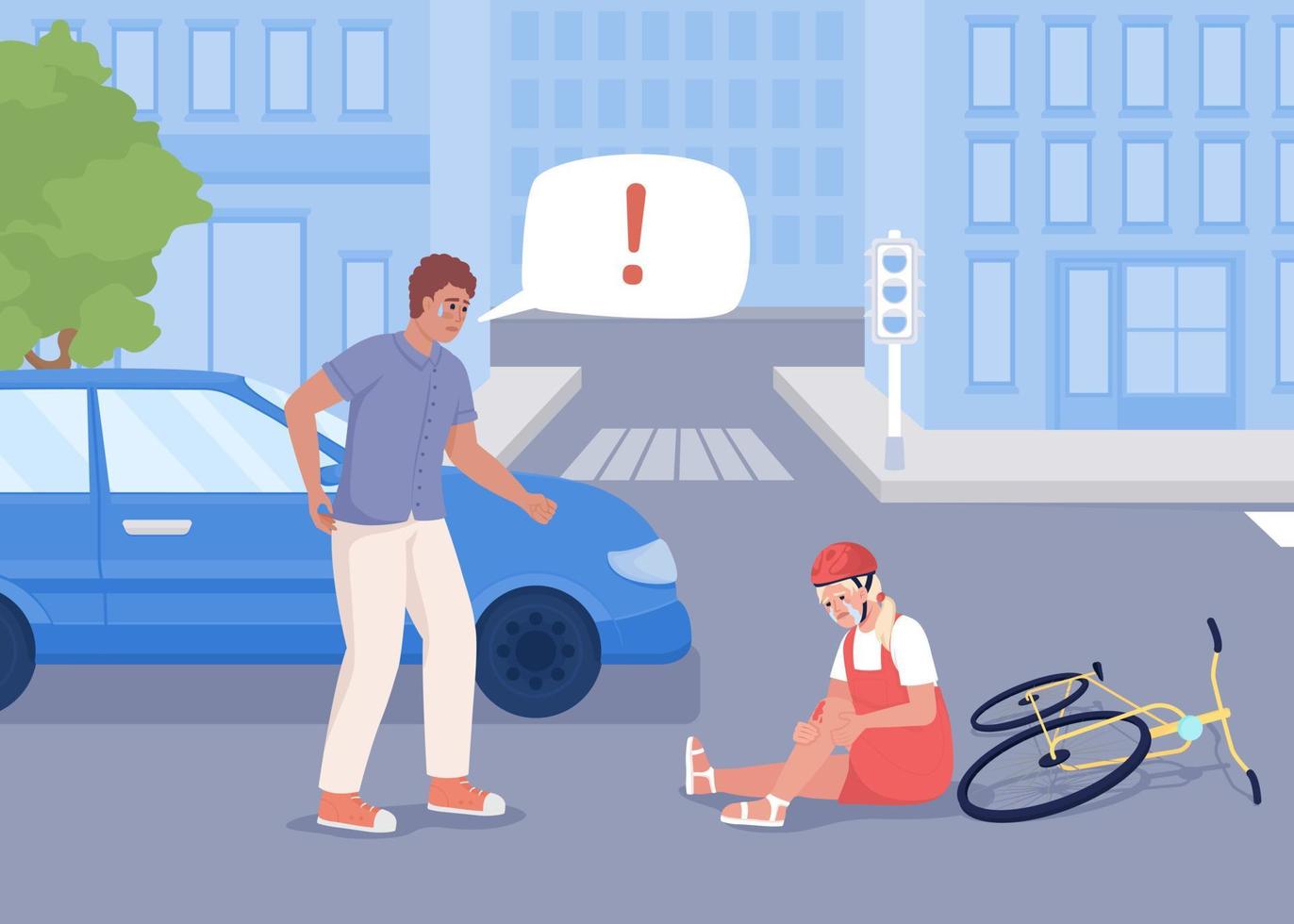 Car hit child on bicycle flat color vector illustration. Shocked male driver and crying little girl cyclist. Fully editable 2D simple cartoon characters with buildings and automobile on background