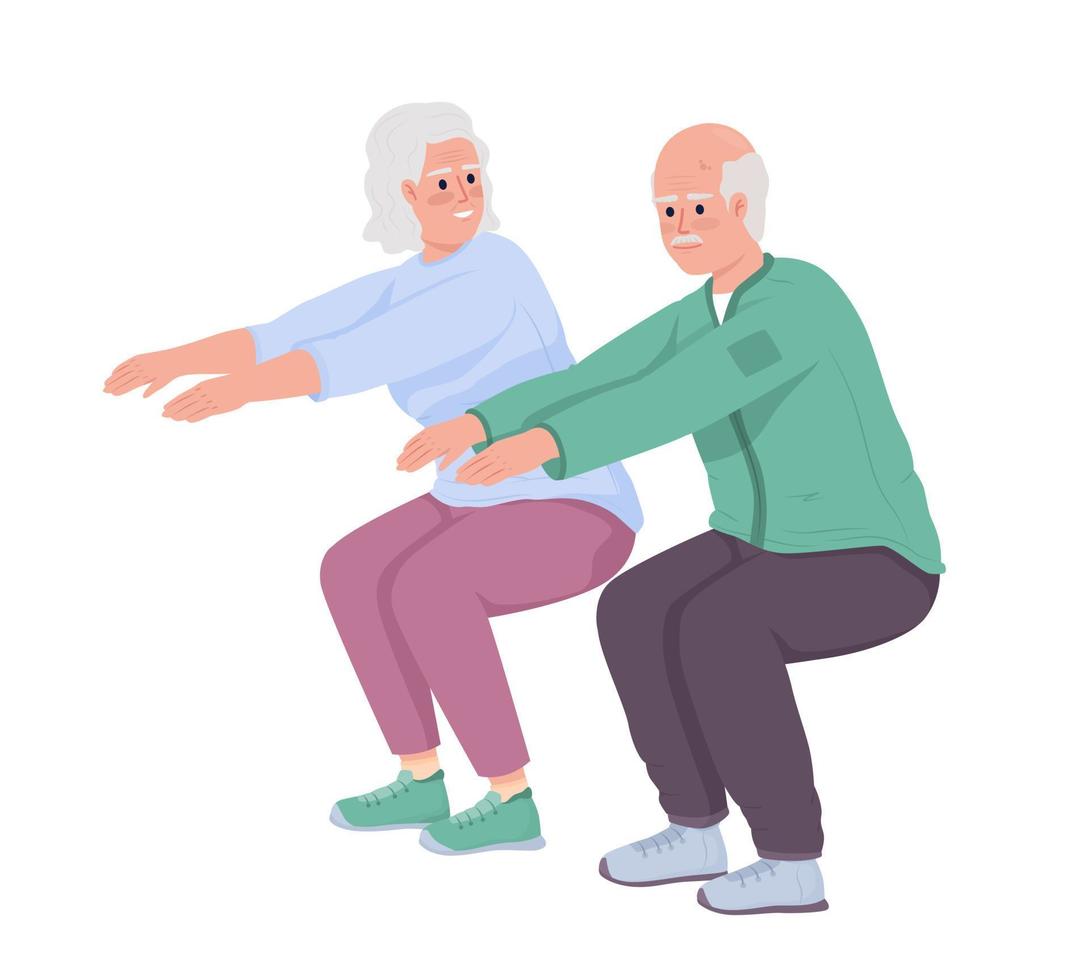 pareja de ancianos haciendo sit ups personajes vectoriales de color semiplano. figuras editables. personas de cuerpo completo en blanco. ilustración de estilo de dibujos animados simple de entrenamiento para diseño gráfico web y animación vector