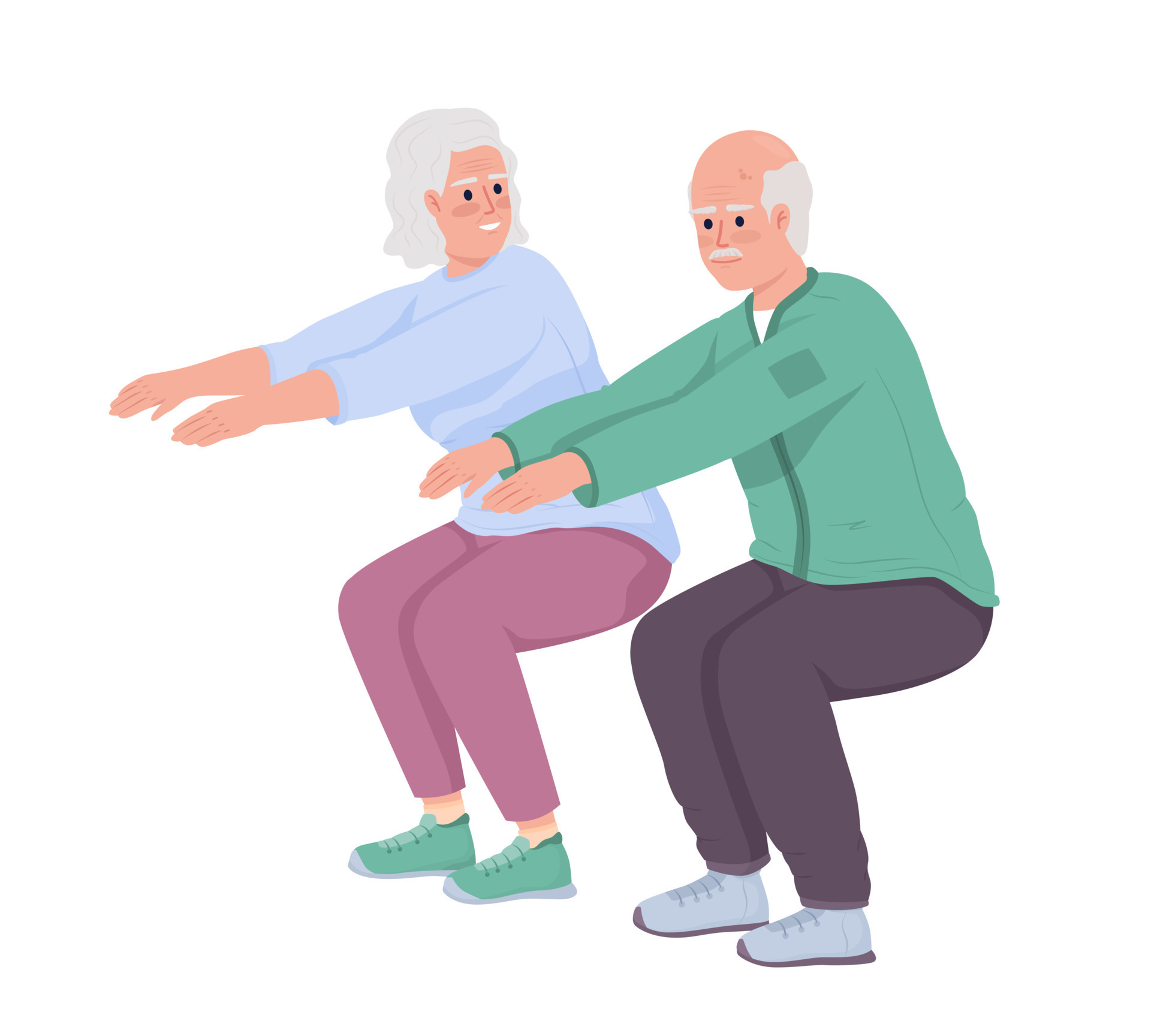 Elderly couple doing sit ups semi flat color vector characters