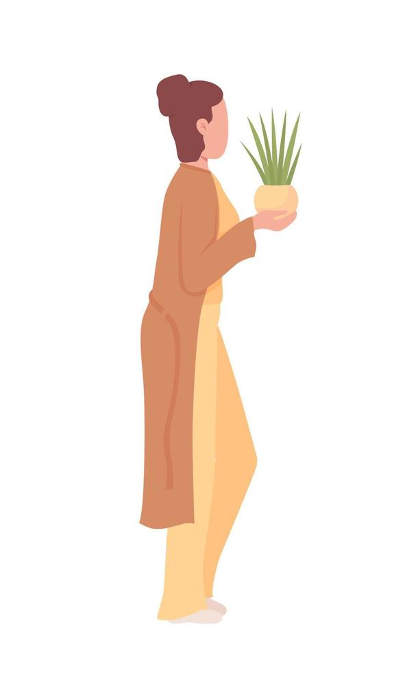 Woman holding potted plant semi flat color vector character. Editable figure. Full body person on white. Home garden simple cartoon style illustration for web graphic design and animation