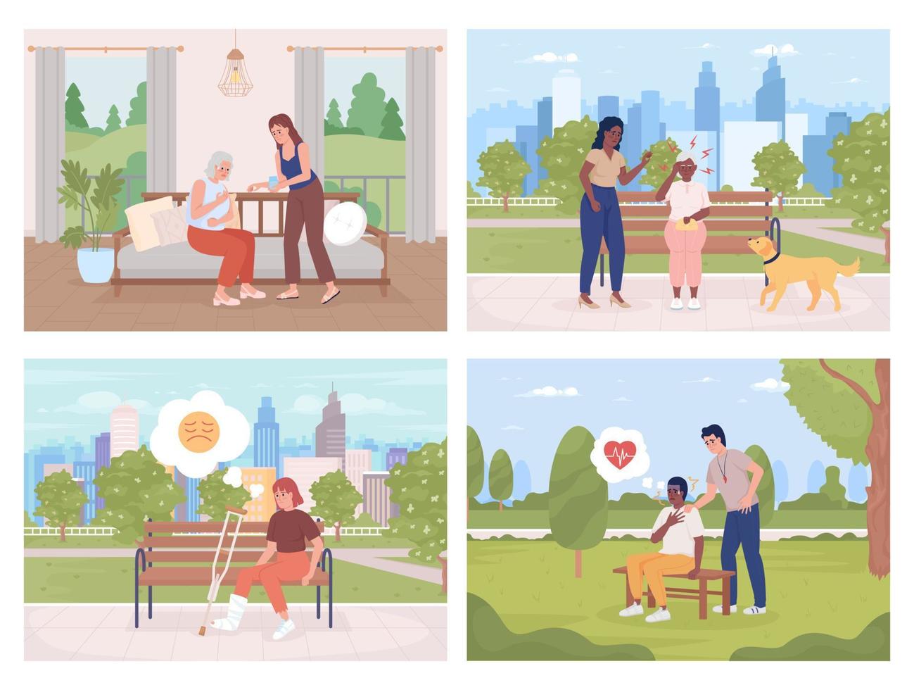 Pain attacks flat color vector illustrations set. Different kinds of aches. Health problems. Fully editable 2D simple cartoon characters collection with home and landscapes on background