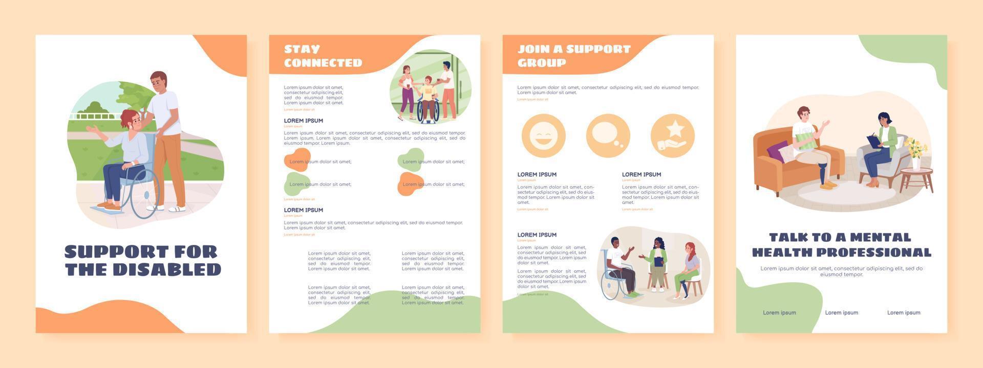 Support for disabled flat vector brochure template. Booklet, leaflet printable flat color designs. Editable magazine page, reports kit with text space