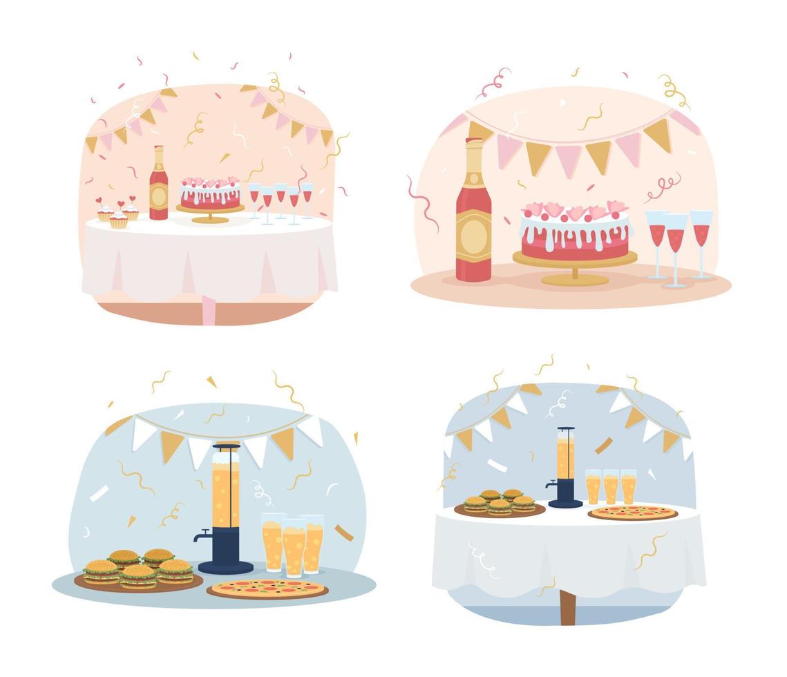 Bachelor and bachelorette party 2D vector isolated illustration set. Festive food on table flat compositions on cartoon background. Colourful editable scene pack for mobile, website, presentation