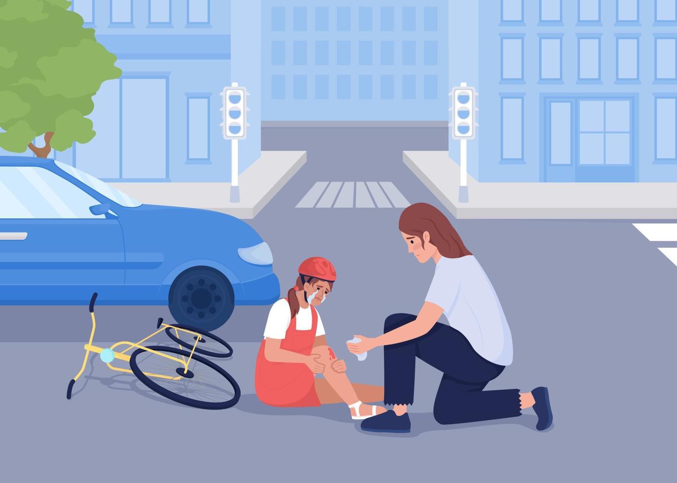 First aid in automobile accident flat color vector illustration. Woman helps crying little girl cyclist. Fully editable 2D simple cartoon characters with crossroad and traffic lights on background