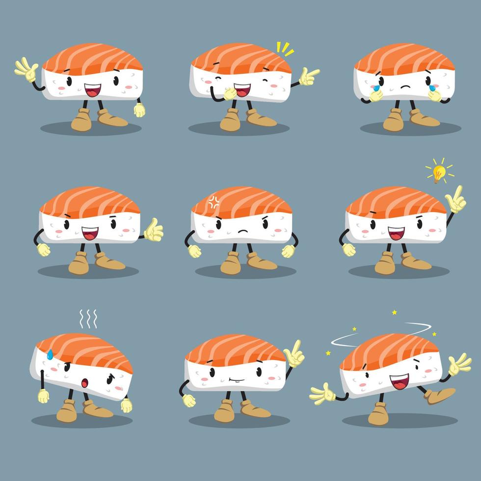 mascota de sushi kawaii con diferentes emociones ambientadas en un vector de estilo de dibujos animados. personaje divertido ilustración de la figura. emojis de personajes emoticono de dibujos animados.