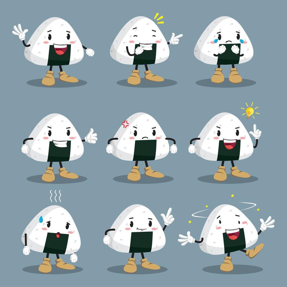 mascota kawaii onigiri con diferentes emociones ambientadas en un vector de estilo de dibujos animados. personaje divertido ilustración de la figura. emojis de personajes emoticono de dibujos animados.