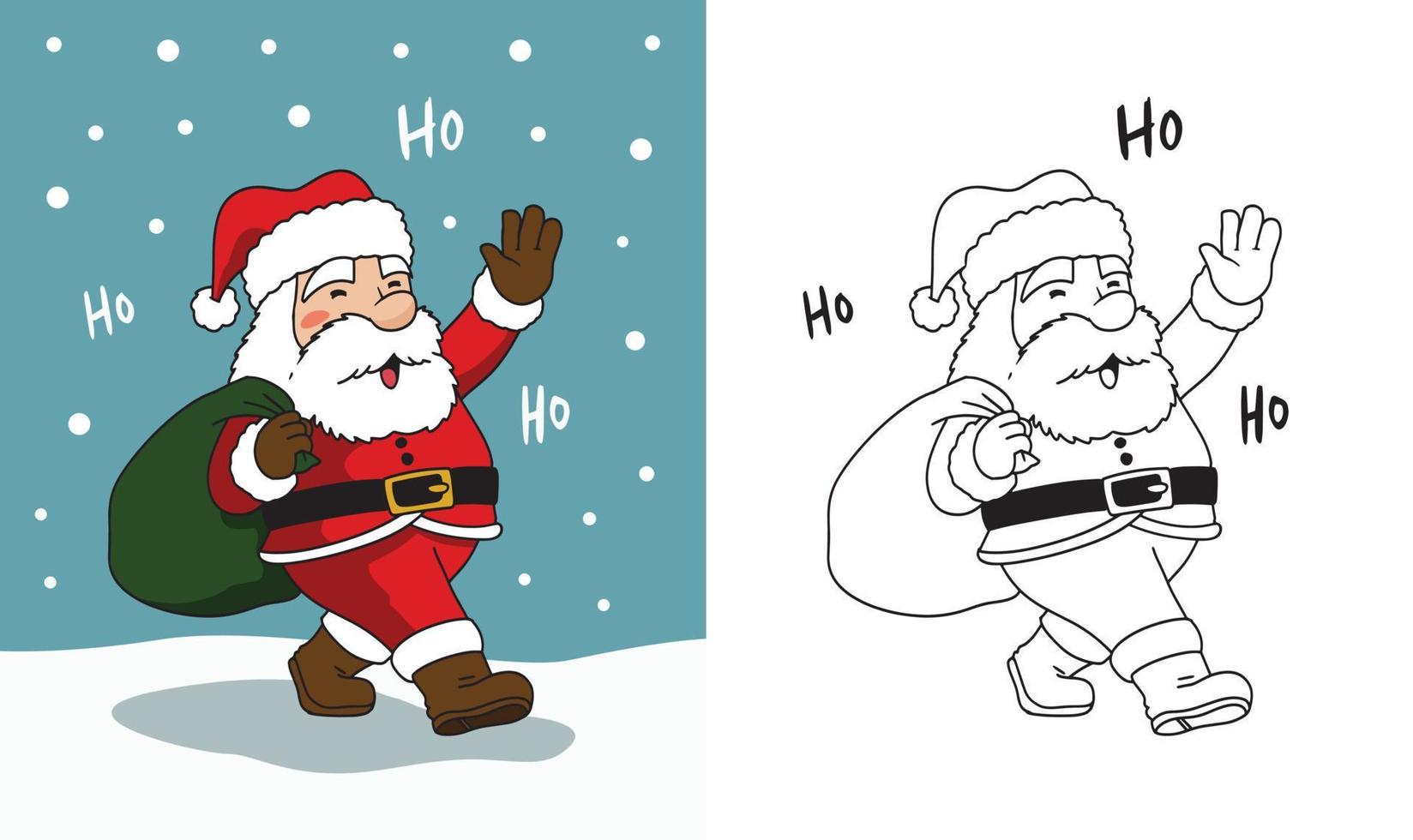 ilustraciones navideñas de dibujos animados aisladas en blanco. divertido personaje feliz de santa claus con regalo, bolsa con regalos, saludando y saludando. para tarjetas de navidad, pancartas, etiquetas y etiquetas. vector