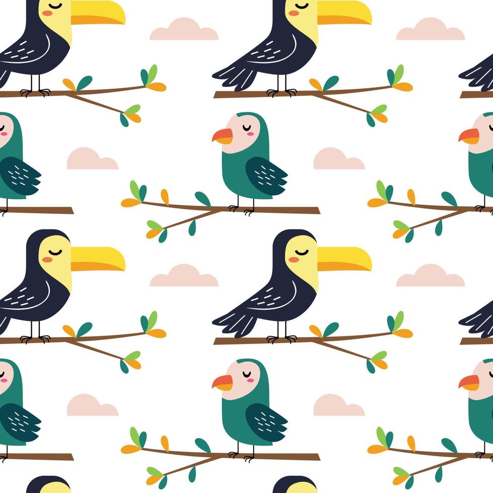 Funny cartoon colorful doodle of bird illustration seamless pattern background in vector