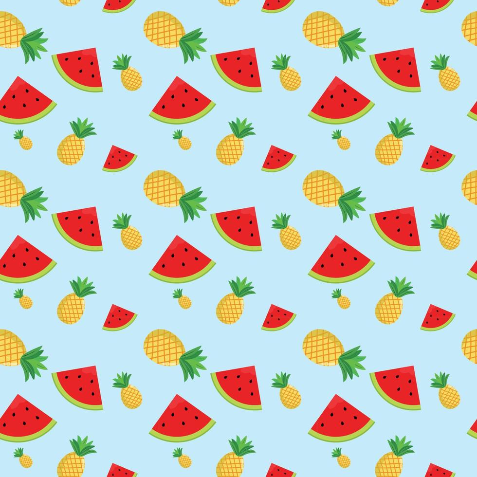 Seamless pattern with yellow pineapples and juicy watermelon in flat vector. Cute vector background. Bright summer fruits illustration. Fruit mix design for fabric and decor.