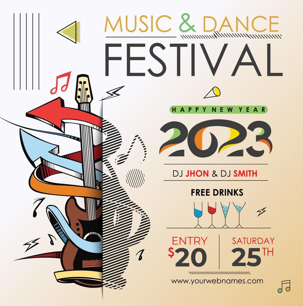 Afiche de volante de evento de fiesta de música de año nuevo 2023 para publicación en redes sociales. vector