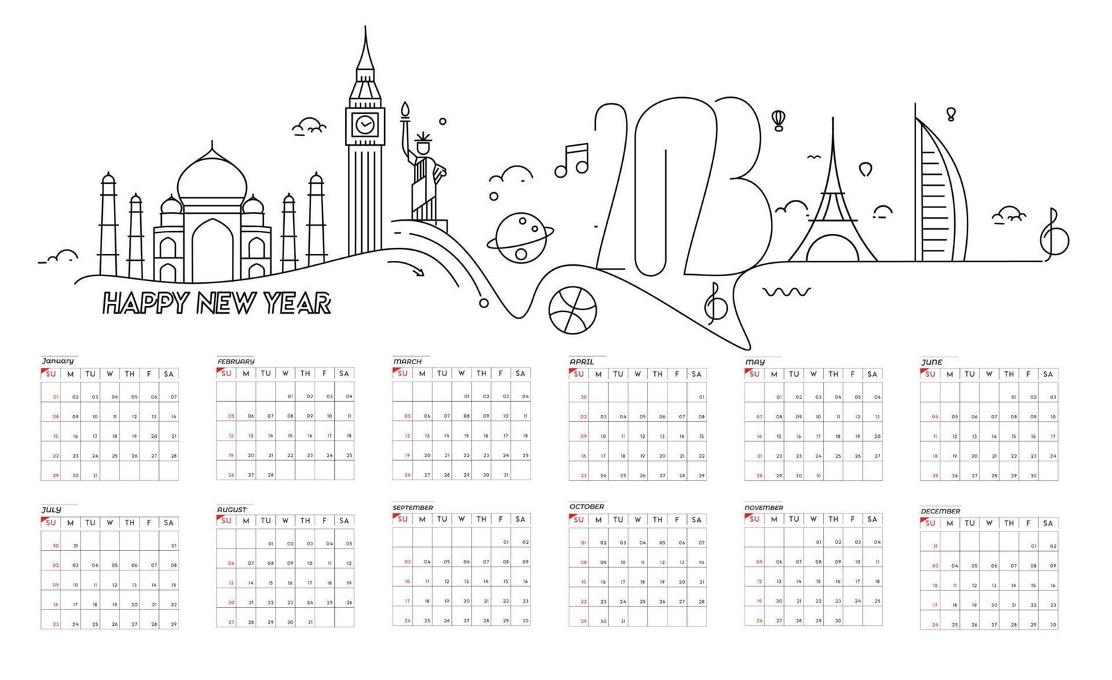 2023 calendario feliz año nuevo diseño. vector