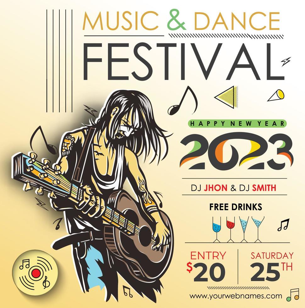 Afiche de volante de evento de fiesta de música de año nuevo 2023 para publicación en redes sociales. vector