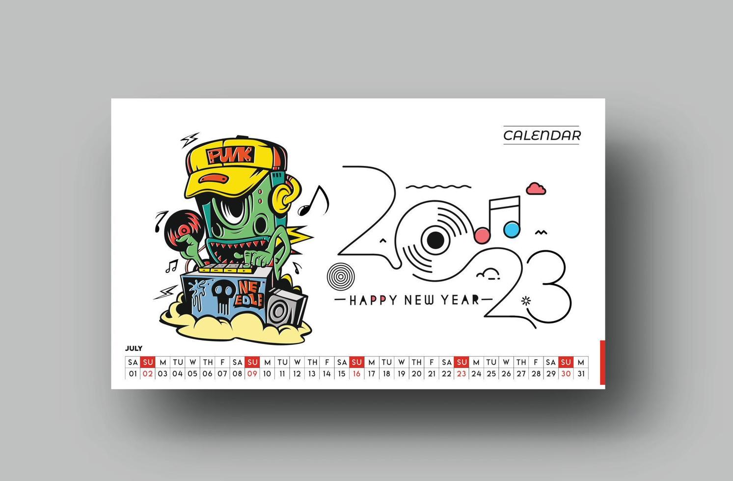 2023 Calendar Happy New Year July Design Pattern. vector