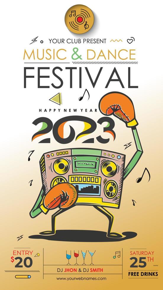 Afiche de volante de evento de fiesta de música de año nuevo 2023 para publicación en redes sociales. vector