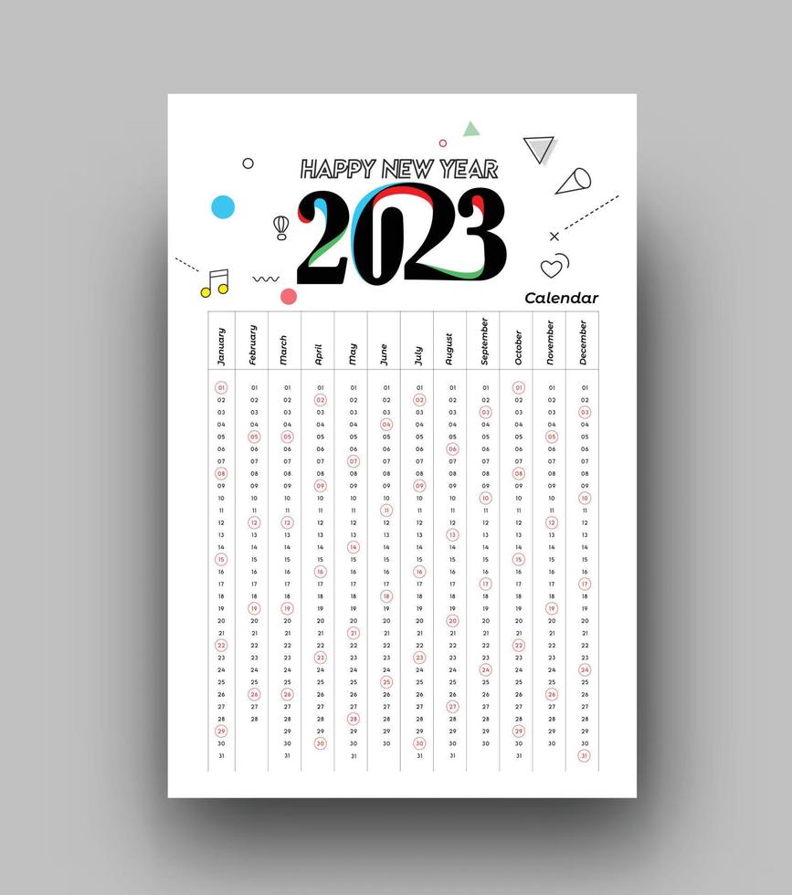2023 calendario feliz año nuevo diseño ilustración vectorial. vector