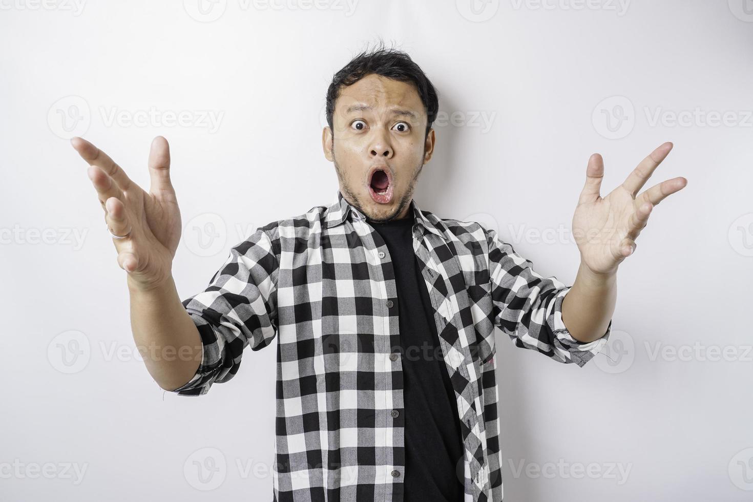 A portrait of a shocked Asian isolated by a white background photo